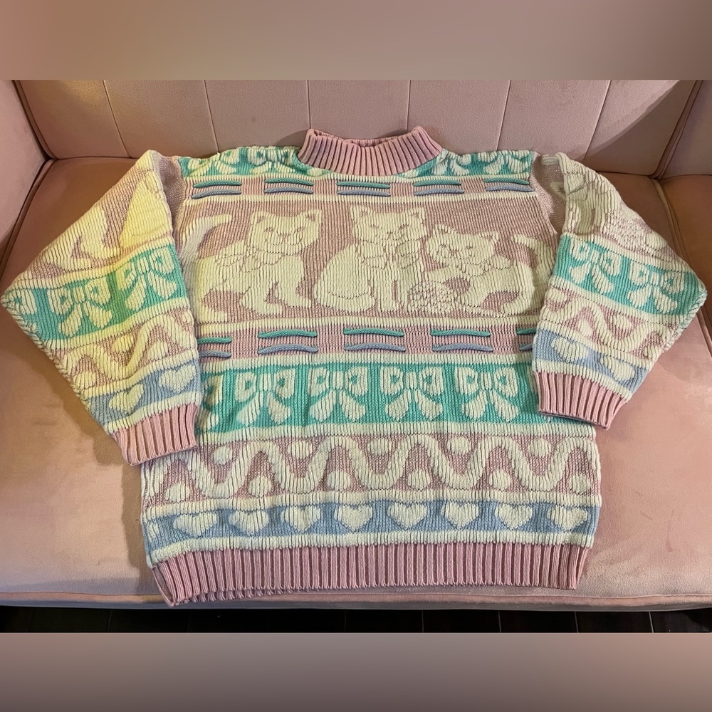 VINTAGE RARE 80’s Arielle Pastel Pink Kawaii Cat Sweater